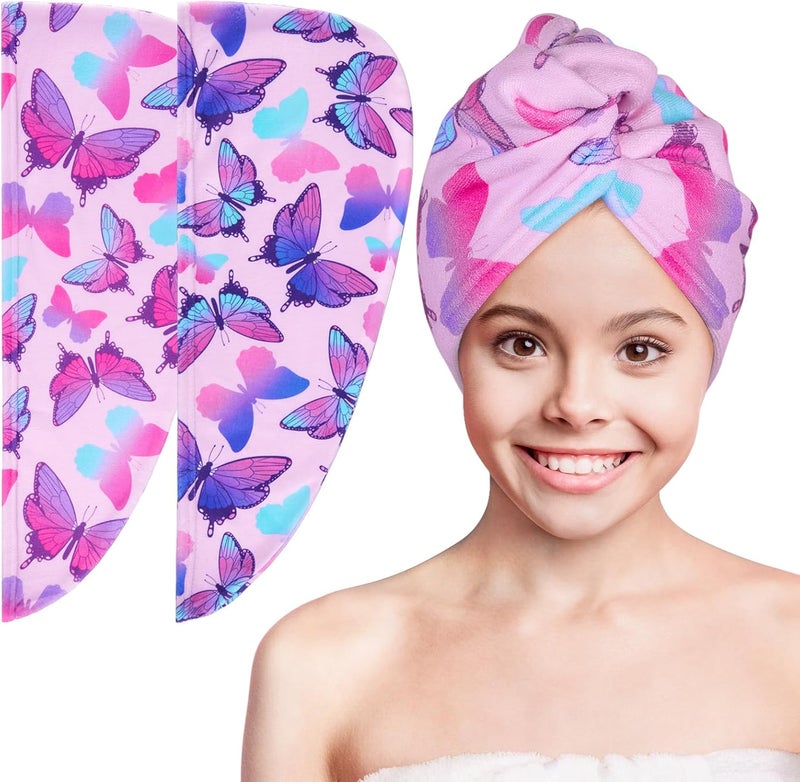 Basumee Microfiber Hair Towel Wrap for Kids 2 Pack - Rapid Drying Turbans With Button for Wet Hair - Head Towel Wrap for Women and Girls, Blue Pink Butterfly - Image 1